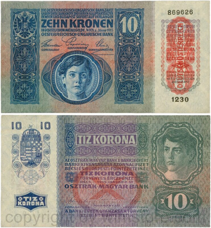 Österreich, 1. republik, p051a.1, 10 kronen 2.jänner 1915 mit aufdruck "deutschÖsterreich" (1919), tiefdruck (engraved printing); 1 (kopie)