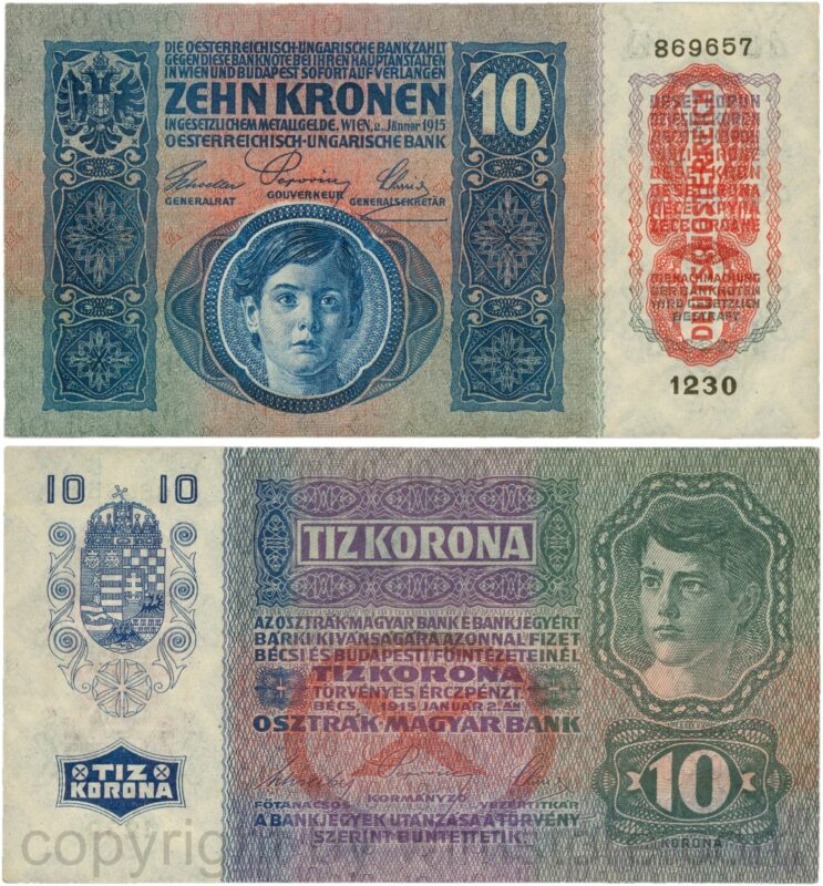 Österreich, 1. republik, p051a.1, 10 kronen 2.jänner 1915 mit aufdruck "deutschÖsterreich" (1919), tiefdruck (engraved printing); 1 (kopie)