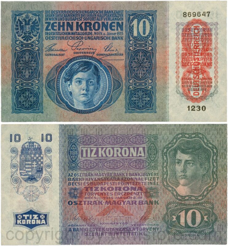 Österreich, 1. republik, p051a.1, 10 kronen 2.jänner 1915 mit aufdruck "deutschÖsterreich" (1919), tiefdruck (engraved printing); 1 (kopie)