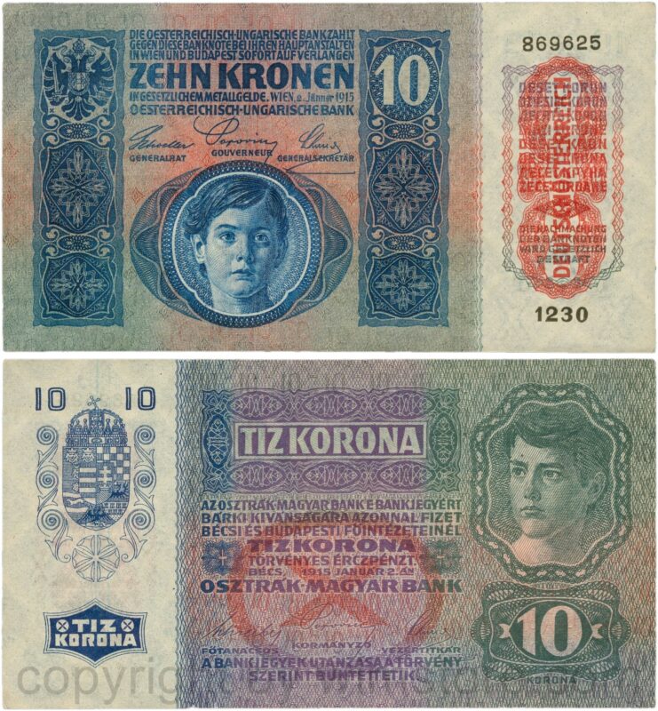 Österreich, 1. republik, p051a.1, 10 kronen 2.jänner 1915 mit aufdruck "deutschÖsterreich" (1919), tiefdruck (engraved printing); 2