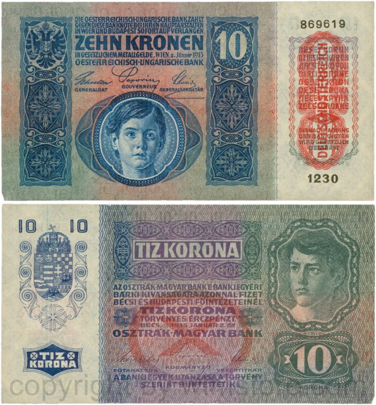 Österreich, 1. republik, p051a.1, 10 kronen 2.jänner 1915 mit aufdruck "deutschÖsterreich" (1919), tiefdruck (engraved printing); 2