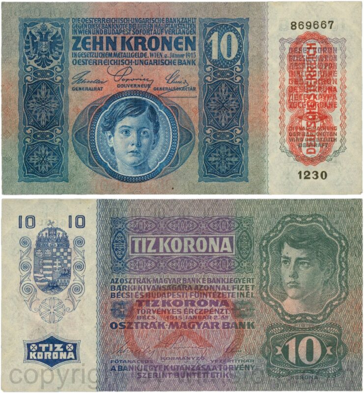 Österreich, 1. republik, p051a.1, 10 kronen 2.jänner 1915 mit aufdruck "deutschÖsterreich" (1919), tiefdruck (engraved printing); 2