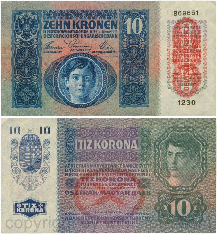 Österreich, 1. republik, p051a.1, 10 kronen 2.jänner 1915 mit aufdruck "deutschÖsterreich" (1919), tiefdruck (engraved printing); 3