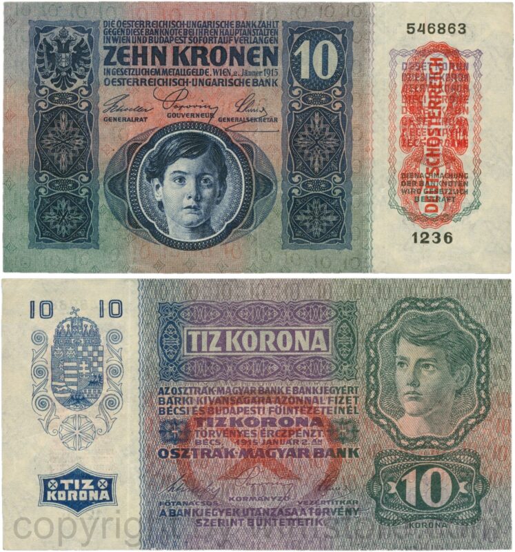 Österreich, 1. republik, p051a.1, 10 kronen 2.jänner 1915 mit aufdruck "deutschÖsterreich" (1919), tiefdruck (engraved printing); 3 (kopie)