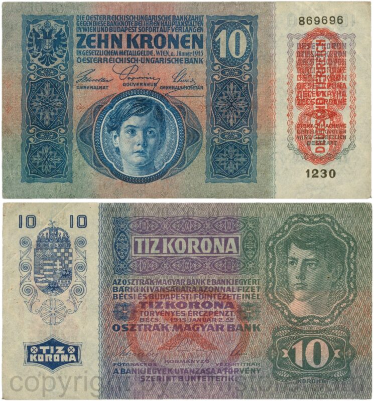 Österreich, 1. republik, p051a.1, 10 kronen 2.jänner 1915 mit aufdruck "deutschÖsterreich" (1919), tiefdruck (engraved printing); 4 (kopie)