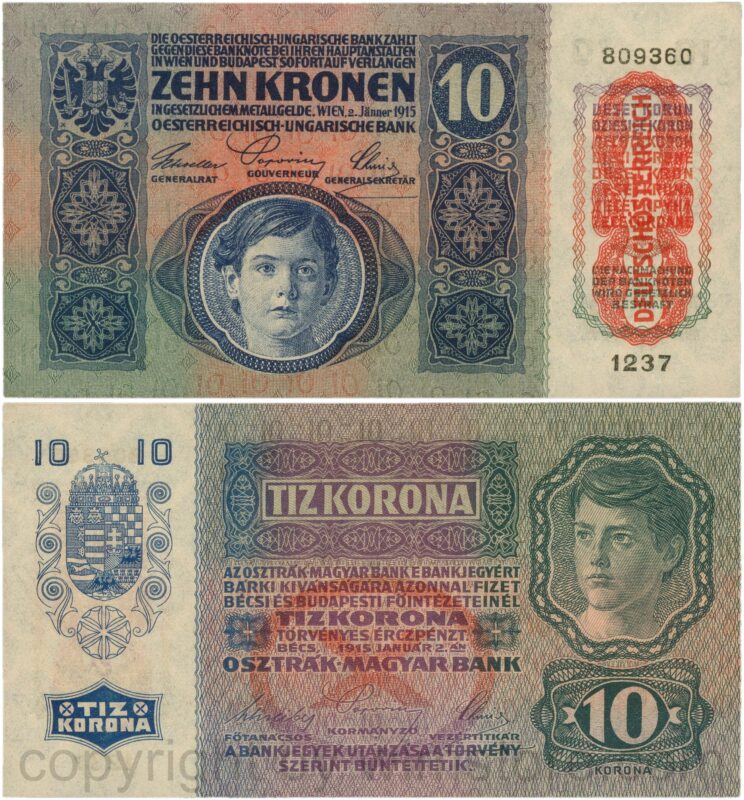 Österreich, 1. republik, p051a.1, 10 kronen 2.jänner 1915 mit aufdruck "deutschÖsterreich" (1919), tiefdruck (engraved printing); 4 (kopie)