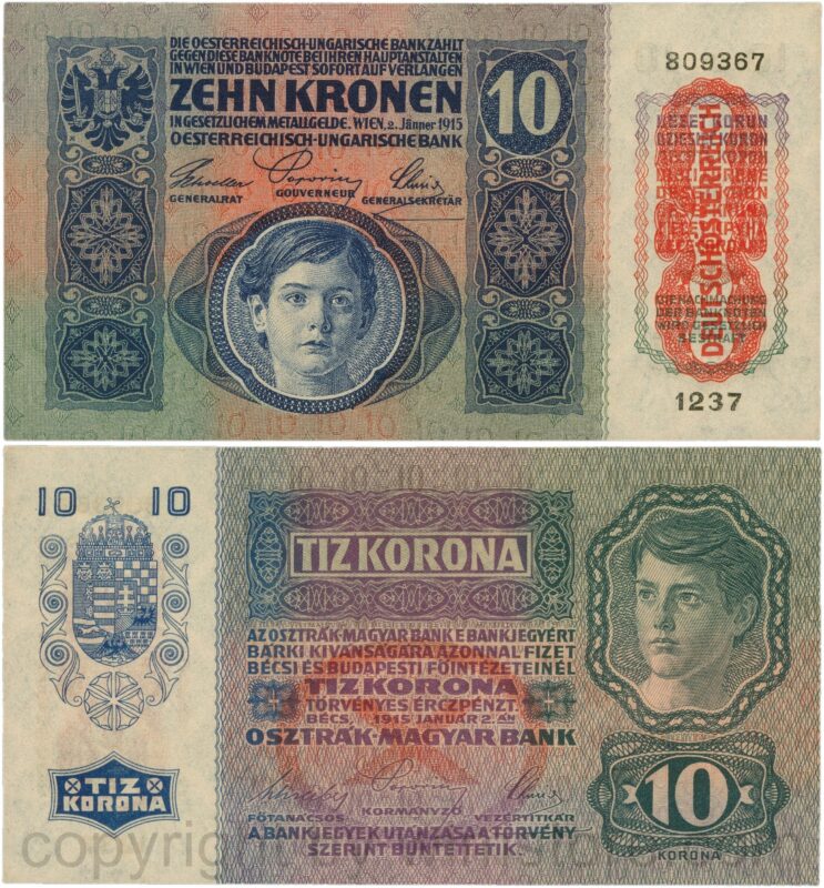 Österreich, 1. republik, p051a.2, 10 kronen 2.jänner 1915 mit aufdruck "deutschÖsterreich" (1919), flachdruck (lithographed printing); 1 (kopie)