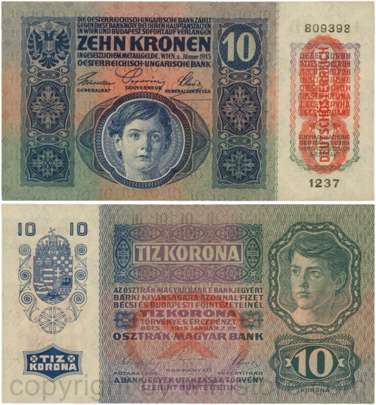 Österreich, 1. republik, p051a.2, 10 kronen 2.jänner 1915 mit aufdruck "deutschÖsterreich" (1919), flachdruck (lithographed printing); 1 (kopie)