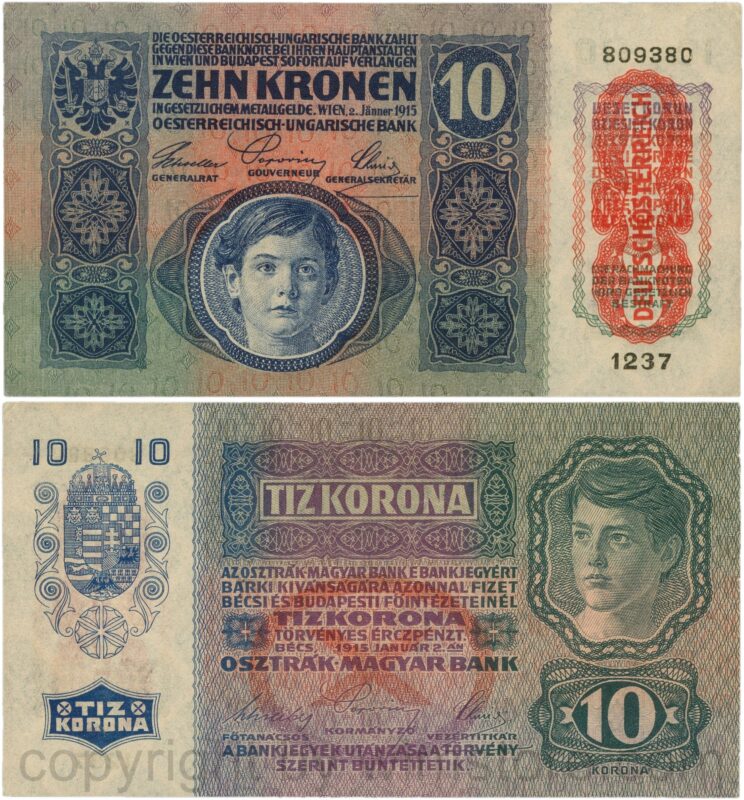 Österreich, 1. republik, p051a.2, 10 kronen 2.jänner 1915 mit aufdruck "deutschÖsterreich" (1919), flachdruck (lithographed printing); 1 (kopie)