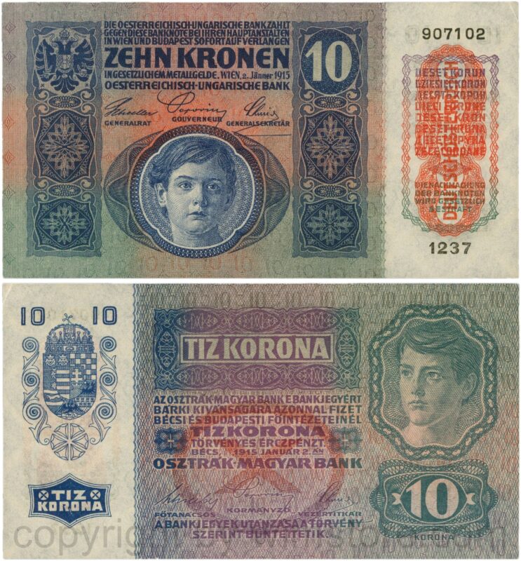 Österreich, 1. republik, p051a.2, 10 kronen 2.jänner 1915 mit aufdruck "deutschÖsterreich" (1919), flachdruck (lithographed printing); 1 (kopie)