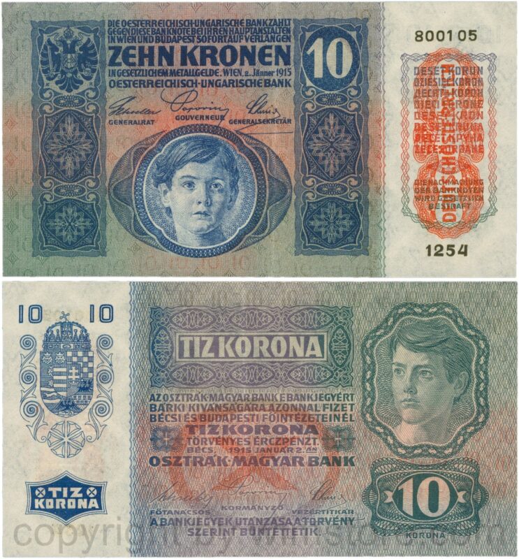 Österreich, 1. republik, p051a.2, 10 kronen 2.jänner 1915 mit aufdruck "deutschÖsterreich" (1919), flachdruck (lithographed printing); 2 (kopie)
