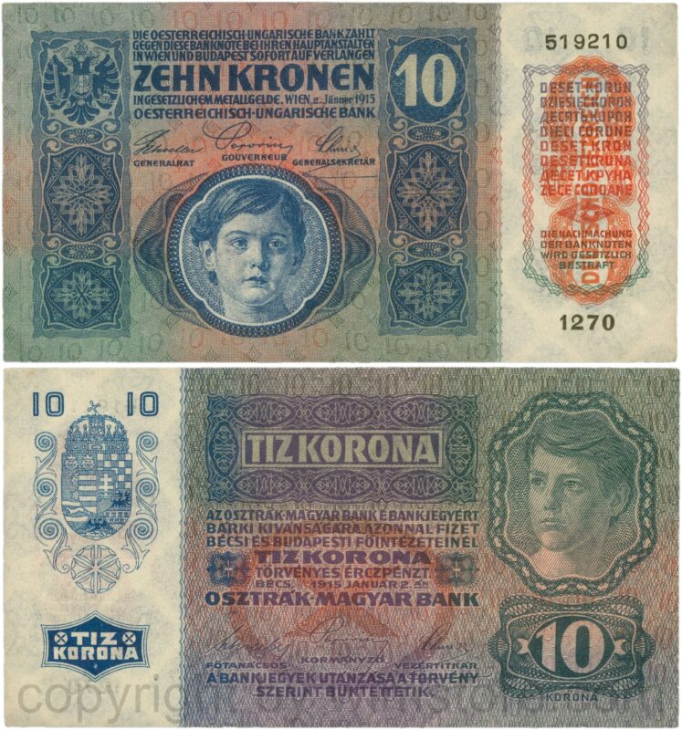 Österreich, 1. republik, p051a.2, 10 kronen 2.jänner 1915 mit aufdruck "deutschÖsterreich" (1919), flachdruck (lithographed printing); 2 (kopie)