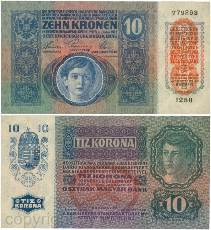 Österreich, 1. republik, p051a.2, 10 kronen 2.jänner 1915 mit aufdruck "deutschÖsterreich" (1919), flachdruck (lithographed printing); 3 (kopie)