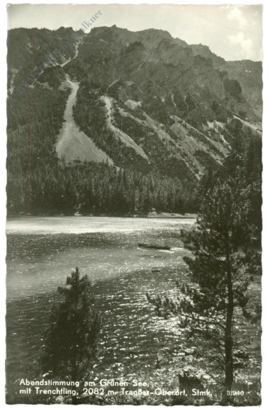 tragöss, oberort, abendstimmung am grünen see mit trenchtling