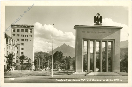 innsbruck, hochhaus cafe mit denkmal und serles