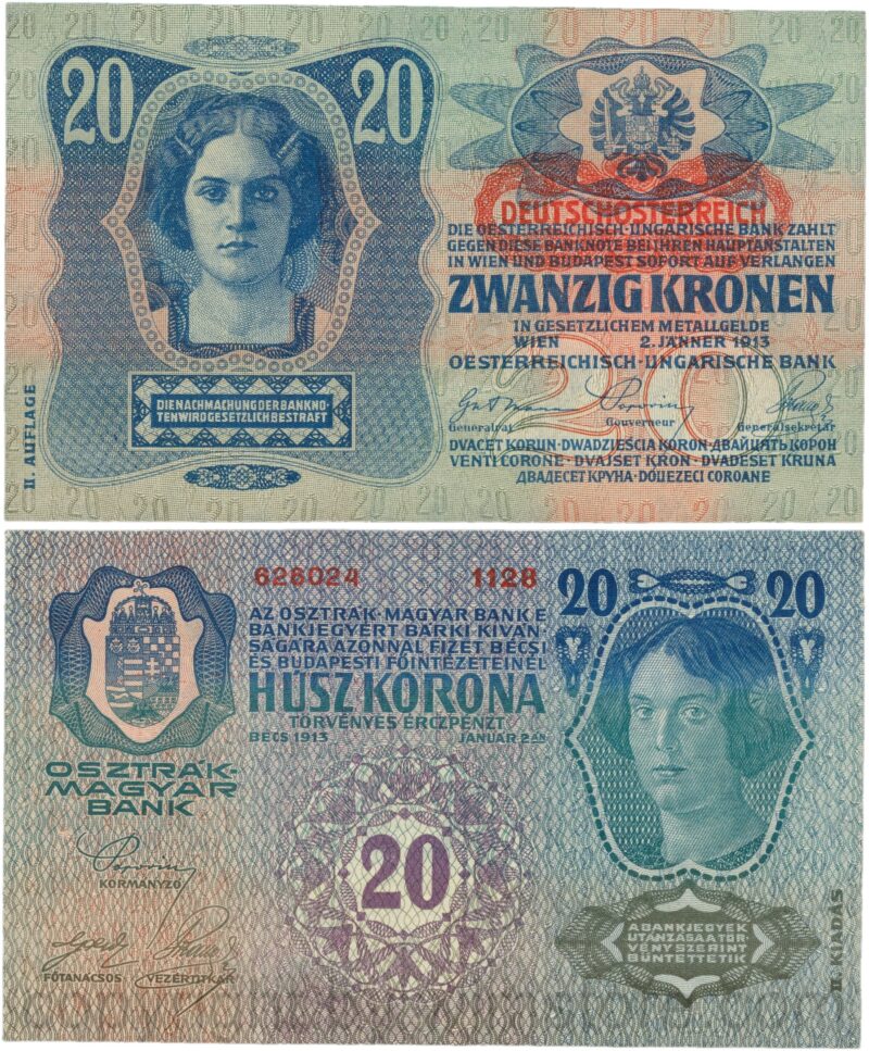 Österreich, 1. republik, p053a.1, 20 kronen 2.1.1913, ii. auflage, stempel "deutschÖsterreich" auf p014 (1919) unter dem wappen