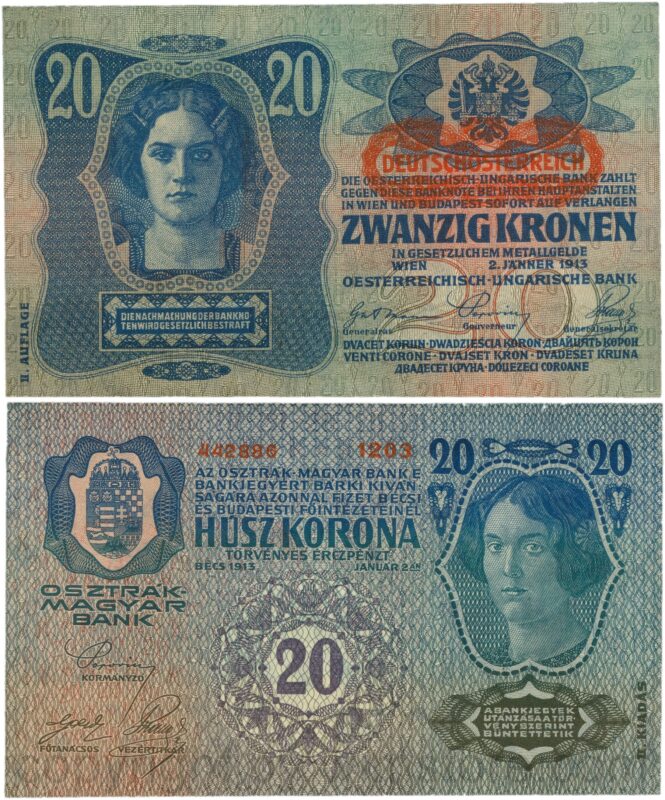 Österreich, 1. republik, p053a.1, 20 kronen 2.1.1913, ii. auflage, stempel "deutschÖsterreich" auf p014 (1919) unter dem wappen; 1