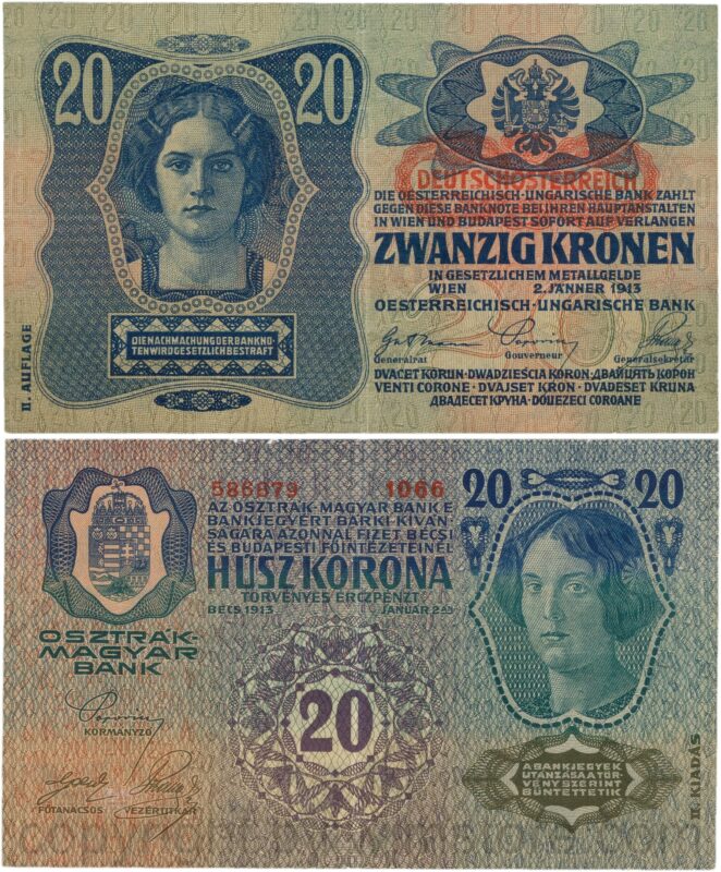 Österreich, 1. republik, p053a.1, 20 kronen 2.1.1913, ii. auflage, stempel "deutschÖsterreich" auf p014 (1919) unter dem wappen; 2