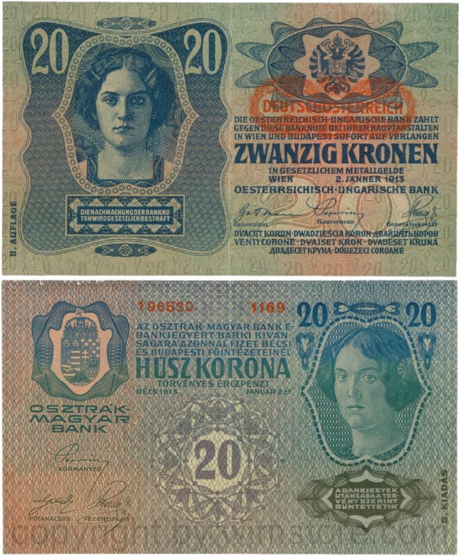 Österreich, 1. republik, p053a.1, 20 kronen 2.1.1913, ii. auflage, stempel "deutschÖsterreich" auf p014 (1919) unter dem wappen; 2