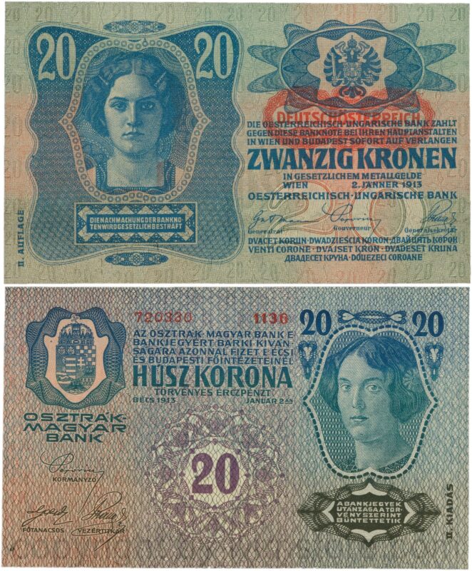 Österreich, 1. republik, p053a.1, 20 kronen 2.1.1913, ii. auflage, stempel "deutschÖsterreich" auf p014 (1919) unter dem wappen; 2 (kopie)