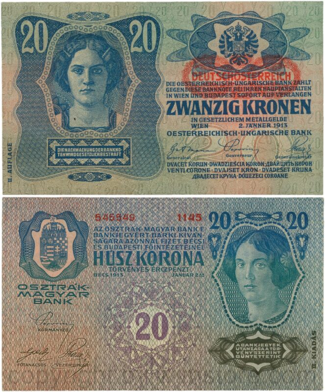 Österreich, 1. republik, p053a.1, 20 kronen 2.1.1913, ii. auflage, stempel "deutschÖsterreich" auf p014 (1919) unter dem wappen; 2 (kopie)