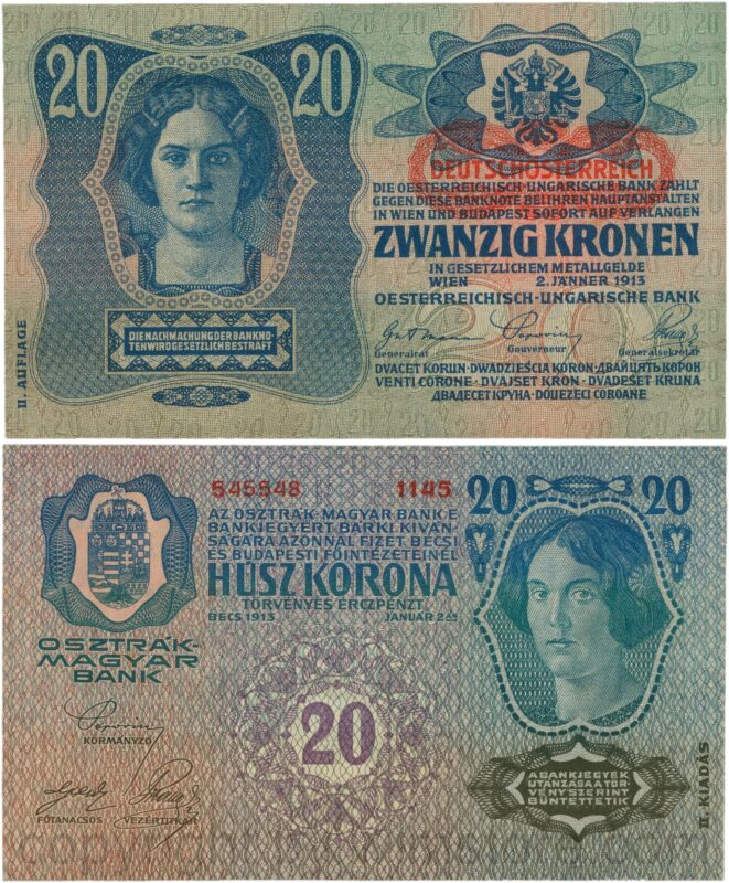 Österreich, 1. republik, p053a.1, 20 kronen 2.1.1913, ii. auflage, stempel "deutschÖsterreich" auf p014 (1919) unter dem wappen; 2 (kopie)