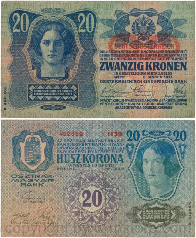 Österreich, 1. republik, p053a.1, 20 kronen 2.1.1913, ii. auflage, stempel "deutschÖsterreich" auf p014 (1919) unter dem wappen; 2 (kopie)