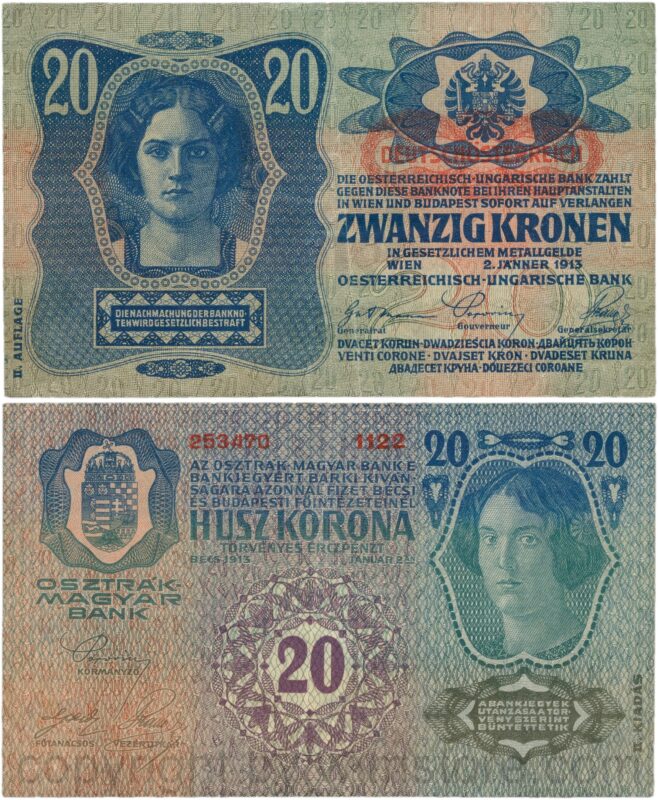 Österreich, 1. republik, p053a.1, 20 kronen 2.1.1913, ii. auflage, stempel "deutschÖsterreich" auf p014 (1919) unter dem wappen; 3