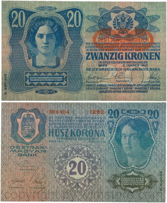Österreich, 1. republik, p053a.1, 20 kronen 2.1.1913, ii. auflage, stempel "deutschÖsterreich" auf p014 (1919) unter dem wappen; 3 (kopie)