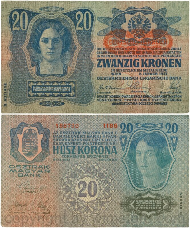 Österreich, 1. republik, p053a.1, 20 kronen 2.1.1913, ii. auflage, stempel "deutschÖsterreich" auf p014 (1919) unter dem wappen; 3 (kopie)