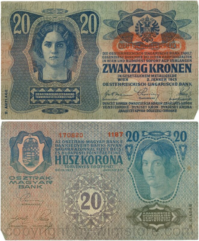 Österreich, 1. republik, p053a.1, 20 kronen 2.1.1913, ii. auflage, stempel "deutschÖsterreich" auf p014 (1919) unter dem wappen; 3 (kopie)