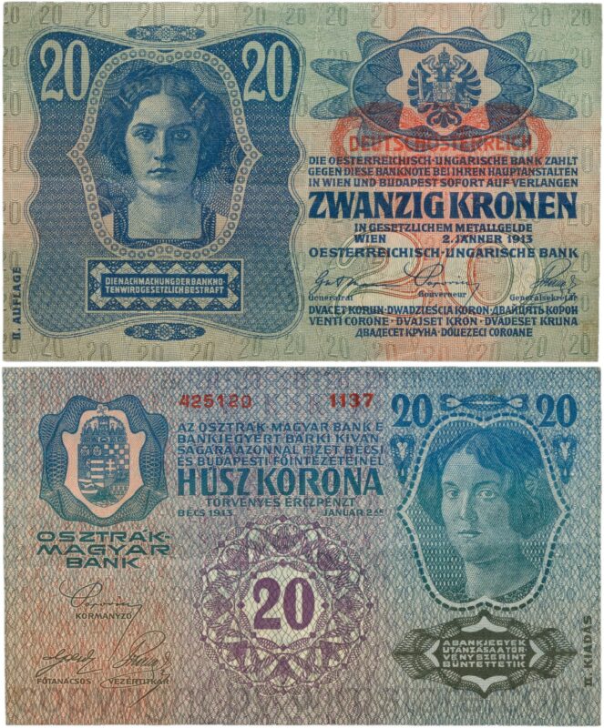 Österreich, 1. republik, p053a.1, 20 kronen 2.1.1913, ii. auflage, stempel "deutschÖsterreich" auf p014 (1919) unter dem wappen; 3 (kopie)