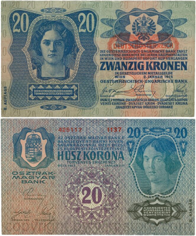 Österreich, 1. republik, p053a.1, 20 kronen 2.1.1913, ii. auflage, stempel "deutschÖsterreich" auf p014 (1919) unter dem wappen; 3 (kopie)