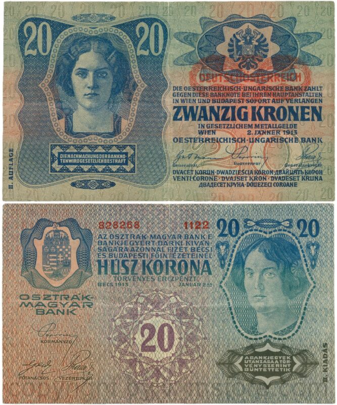 Österreich, 1. republik, p053a.1, 20 kronen 2.1.1913, ii. auflage, stempel "deutschÖsterreich" auf p014 (1919) unter dem wappen; 4 (kopie)