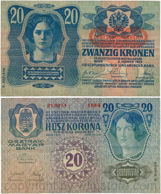 Österreich, 1. republik, p053a.1, 20 kronen 2.1.1913, ii. auflage, stempel "deutschÖsterreich" auf p014 (1919) unter dem wappen; 4 (kopie)