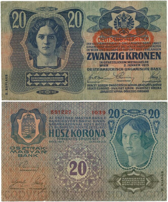 Österreich, 1. republik, p053a.1, 20 kronen 2.1.1913, ii. auflage, stempel "deutschÖsterreich" auf p014 (1919) unter dem wappen; 4 (kopie)