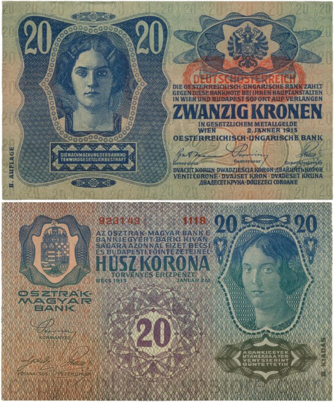 Österreich, 1. republik, p053a.1, 20 kronen 2.1.1913, ii. auflage, stempel "deutschÖsterreich" auf p014 (1919) unter dem wappen; 4 (kopie)