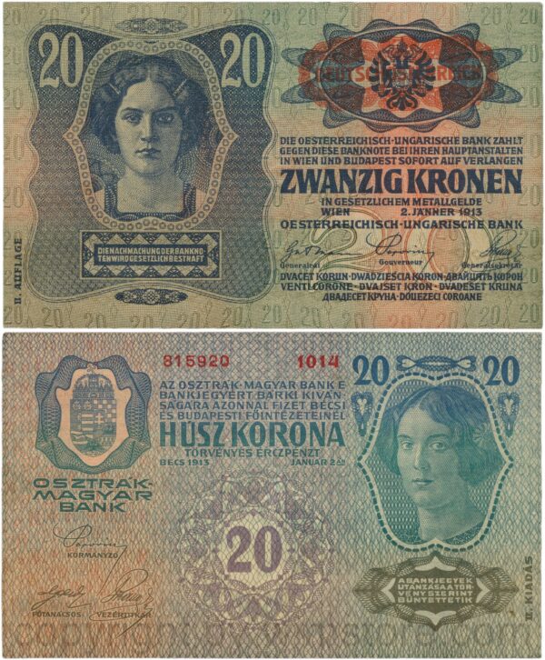 Österreich, 1. republik, p053a.2, 20 kronen 2.1.1913, ii. auflage, stempel "deutschÖsterreich" auf p014 (1919) auf dem wappen