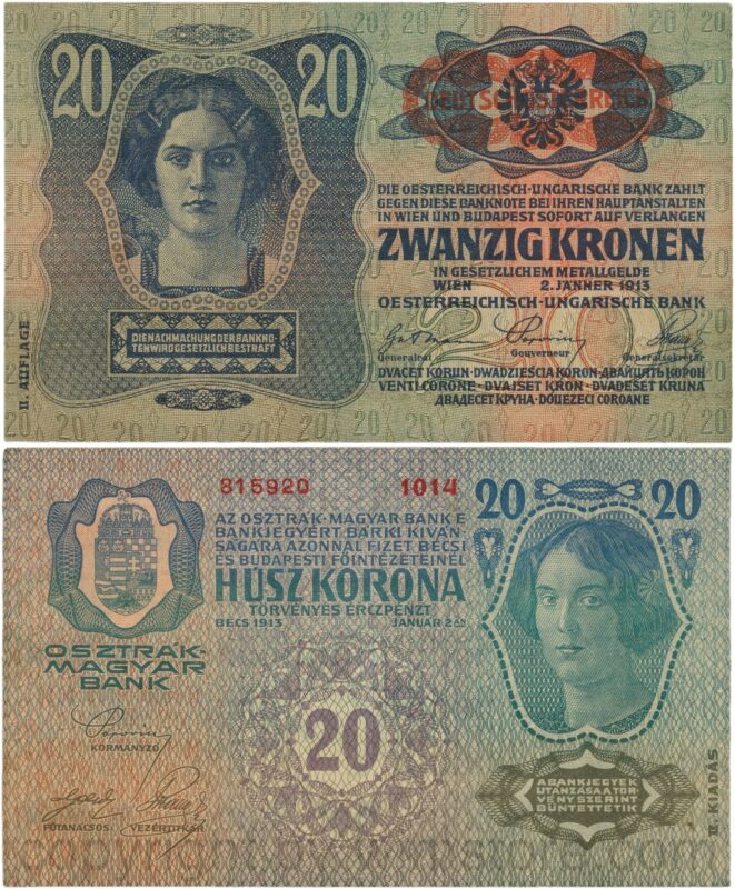 Österreich, 1. republik, p053a.1, 20 kronen 2.1.1913, ii. auflage, stempel "deutschÖsterreich" auf p014 (1919) unter dem wappen; 4 (kopie)