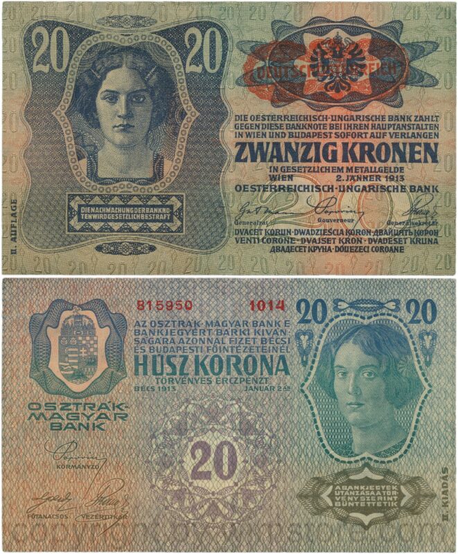 Österreich, 1. republik, p053a.1, 20 kronen 2.1.1913, ii. auflage, stempel "deutschÖsterreich" auf p014 (1919) unter dem wappen; 4 (kopie)