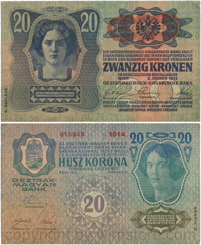 Österreich, 1. republik, p053a.2, 20 kronen 2.1.1913, ii. auflage, stempel "deutschÖsterreich" auf p014 (1919) auf dem wappen; 3 (kopie)