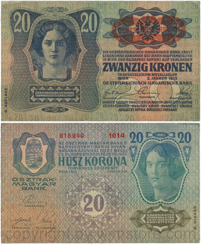 Österreich, 1. republik, p053a.2, 20 kronen 2.1.1913, ii. auflage, stempel "deutschÖsterreich" auf p014 (1919) auf dem wappen; 3 (kopie)