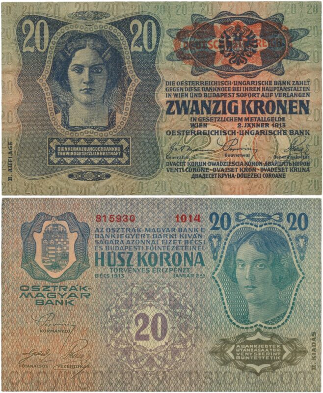 Österreich, 1. republik, p053a.2, 20 kronen 2.1.1913, ii. auflage, stempel "deutschÖsterreich" auf p014 (1919) auf dem wappen; 3 (kopie)
