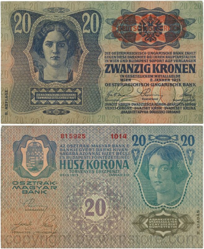 Österreich, 1. republik, p053a.2, 20 kronen 2.1.1913, ii. auflage, stempel "deutschÖsterreich" auf p014 (1919) auf dem wappen; 3 (kopie)