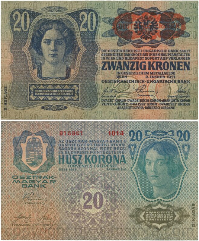 Österreich, 1. republik, p053a.2, 20 kronen 2.1.1913, ii. auflage, stempel "deutschÖsterreich" auf p014 (1919) auf dem wappen; 3 (kopie)
