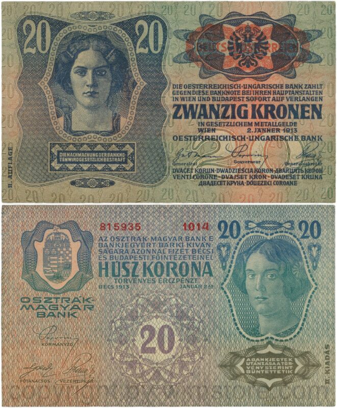 Österreich, 1. republik, p053a.2, 20 kronen 2.1.1913, ii. auflage, stempel "deutschÖsterreich" auf p014 (1919) auf dem wappen; 3 (kopie)