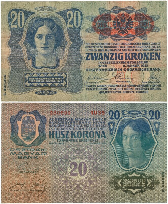 Österreich, 1. republik, p053a.2, 20 kronen 2.1.1913, ii. auflage, stempel "deutschÖsterreich" auf p014 (1919) auf dem wappen; 3 (kopie)