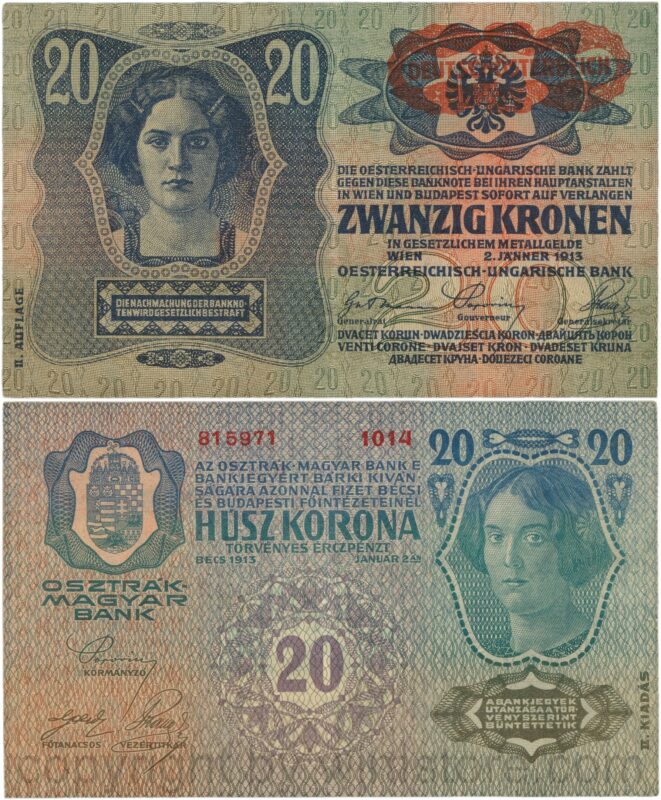 Österreich, 1. republik, p053a.2, 20 kronen 2.1.1913, ii. auflage, stempel "deutschÖsterreich" auf p014 (1919) auf dem wappen; 4 (kopie)