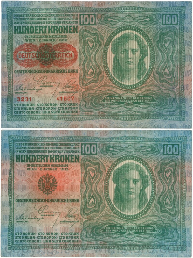 Österreich, 1. republik, p056.1, 100 kronen 2.1.1912, aufdruck "deutschÖsterreich" (1919), dickes papier
