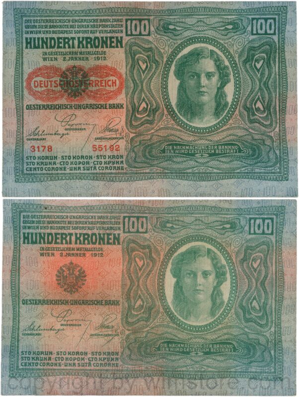 Österreich, 1. republik, p056.1, 100 kronen 2.1.1912, aufdruck "deutschÖsterreich" (1919), dickes papier; 3 (kopie)